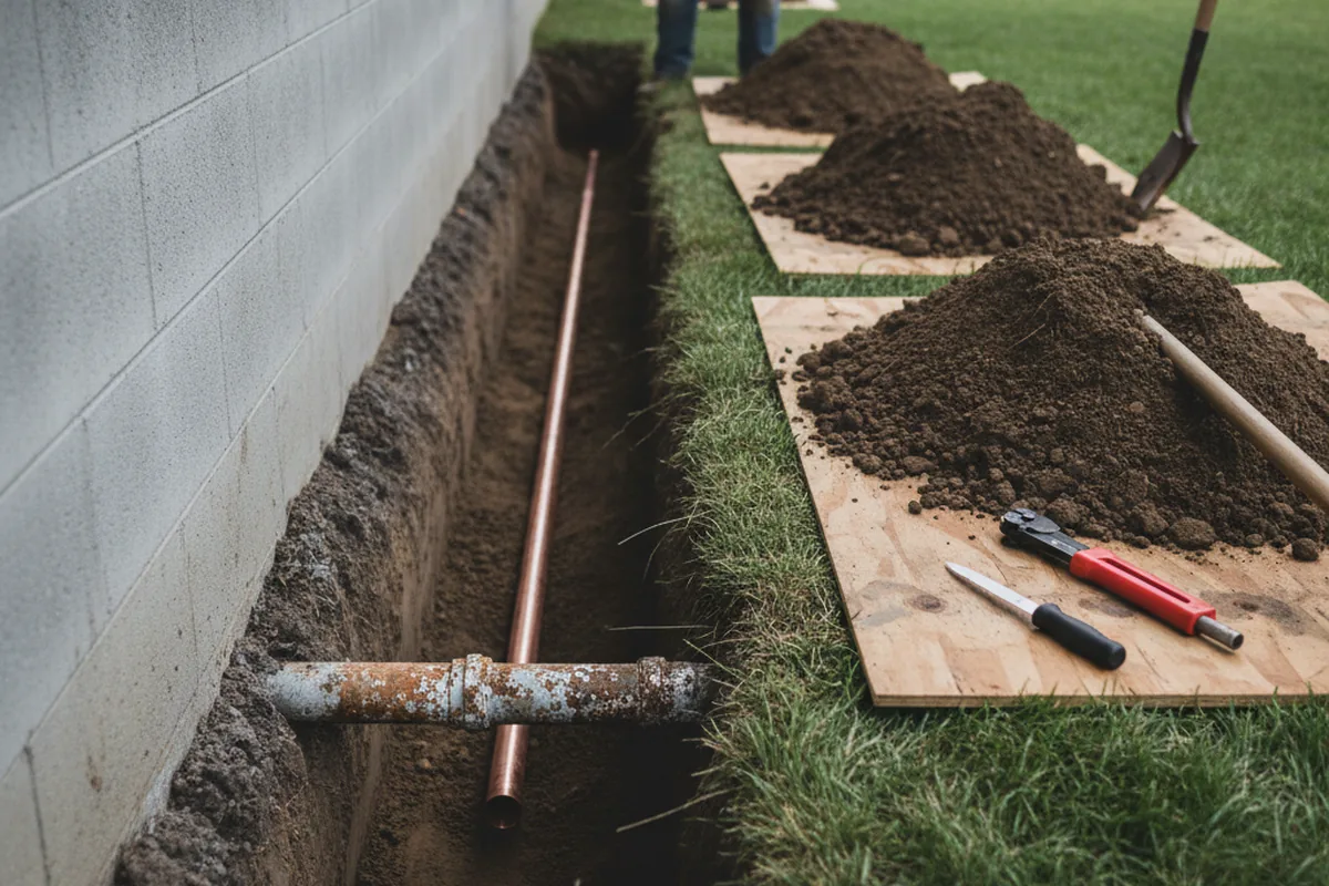 Excavated water line trench during Sewer Line Repair in Ripley